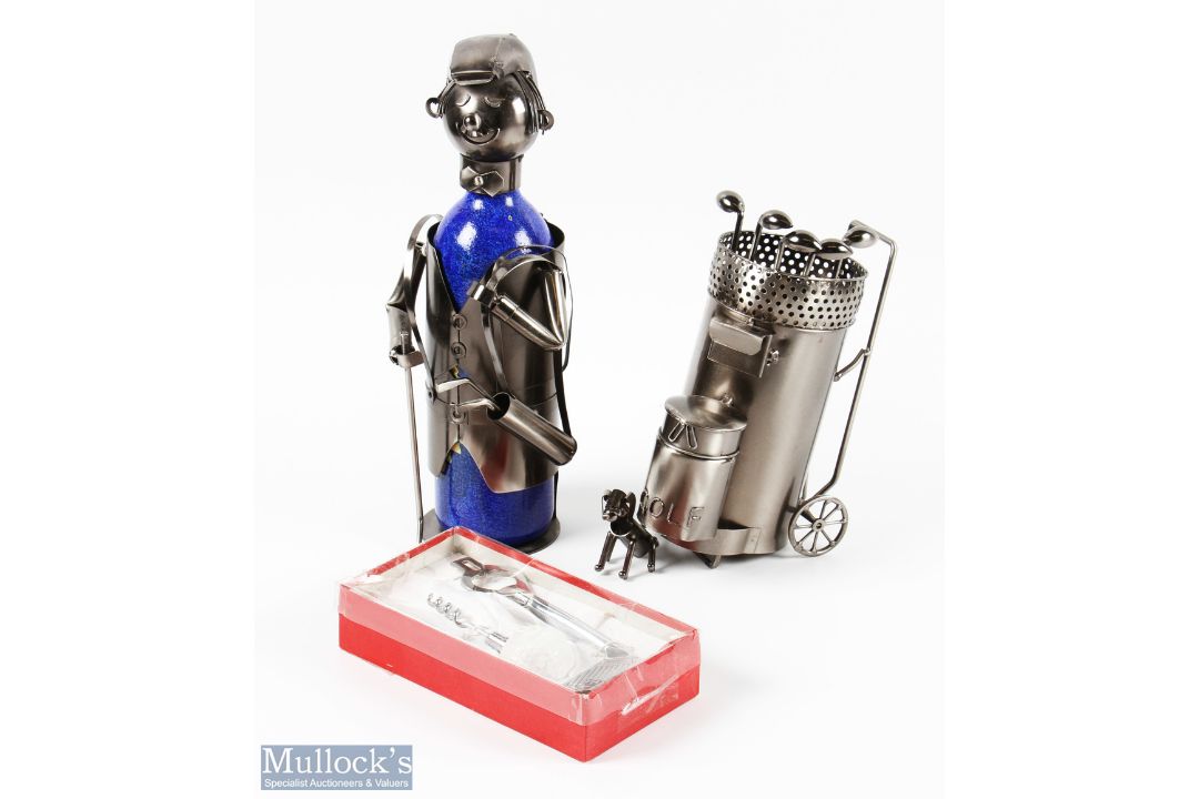 2x Humours Golfing Wine Bottle Holders both metallic featuring a golfing male figure with bottle