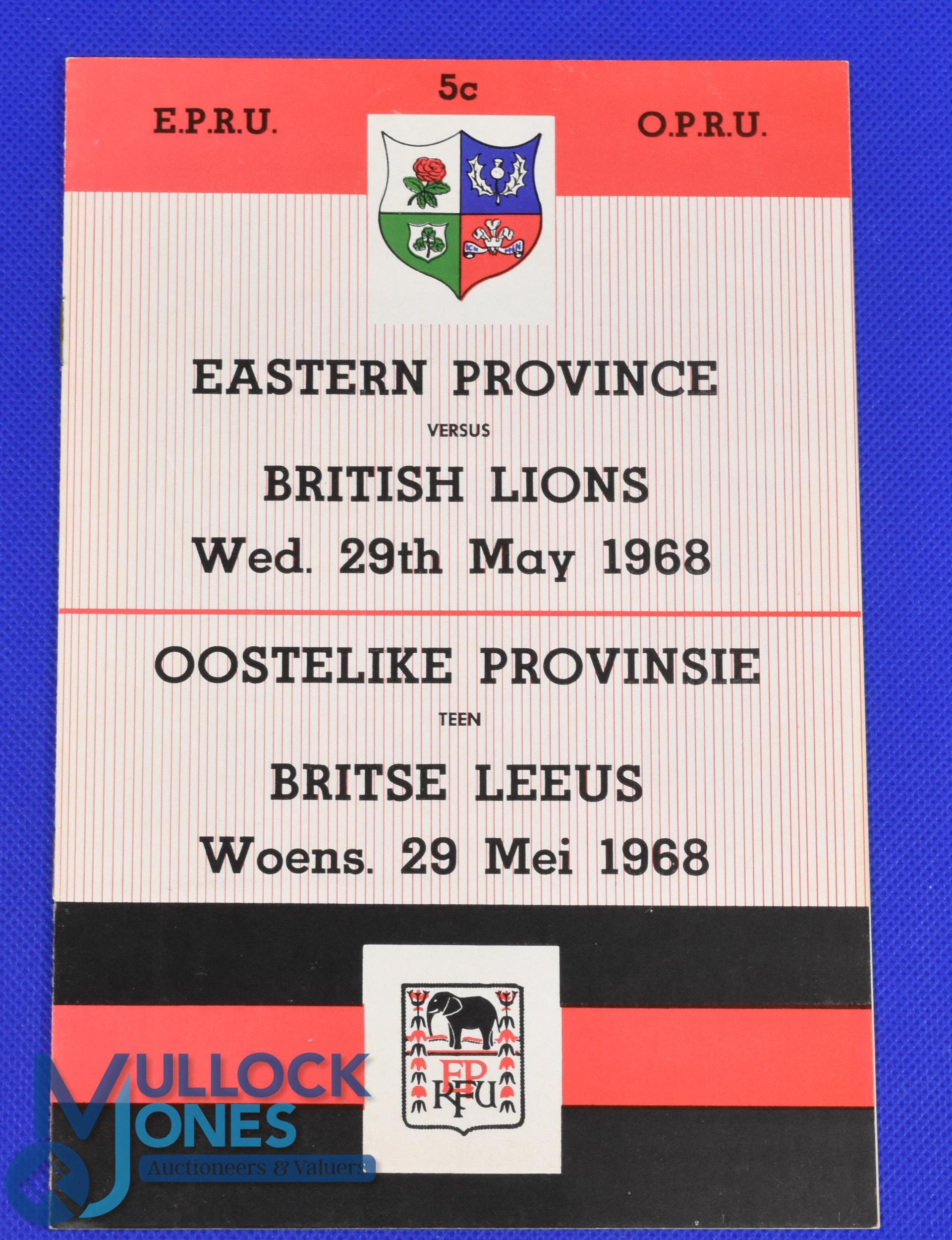 1968 British and I Lions v Eastern Province Rugby Programme: At Port Elizabeth 29/5/68 8pp,