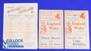 1929-1932 England and Wales Rugby Programmes (3): At Twickers 1929 (teams to front, large issue,