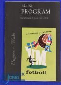 1958 World Cup match programme Wales v Hungary 8 June 1958 at Sandviken; good. (1)