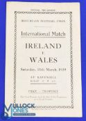 1939 Ireland v Wales Rugby Programme: At Belfast, the sides' final encounter prior to the Second