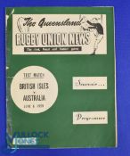 1959 British and I Lions v Australia 1st Test Rugby Programme: Similarly to lot 399, Queensland RU