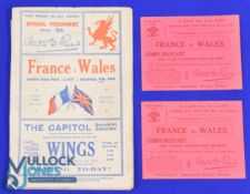 1929 Wales v France Rugby Programme/Tickets (3): Splendid programme from Cardiff with bonus of a