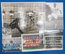 Selection of football items to include 1938 Shermans card Manchester Utd (colour), b&w card