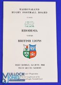 1968 British and I Lions v Rhodesia Rugby Programme: At Salisbury, 3/6/68, 30pp, a very good clean