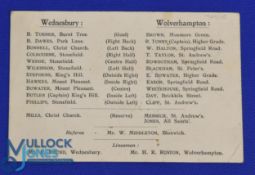 1909/1910 English Schools match programme Wednesbury v Wolverhampton, single card; good for year. (
