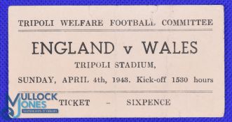 1943 in Tripoli, Libya: Match Ticket for England v Wales at the Tripoli Stadium supporting the