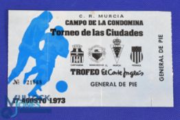 1973 Match Ticket: Penarol v Manchester Utd football match at the Condomina Stadium, Murcia 17