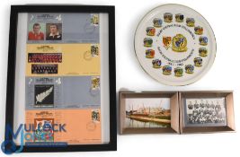 Rugby Framed Items and Plate (4): Pair of smaller framed photos, old Cardiff National Ground being