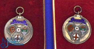Rugby League Medals: Wigan Challenge Cup Winners 1984/85 and 1987/88 (2): Lovely boxed duo, silver-g