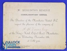 1912 Billy Meredith's Benefit complimentary dinner invitation organised by the directors of