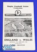 Victory Match, England v Wales 1946 Rugby Programme: Larger than usual Twickers 4pp card offering,