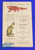Rare 1908 Wales v Australia Rugby Programme: The large 4pp stiff card, strikingly coloured cover