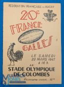 V Rare 1947 France v Wales Rugby Programme: Most valuable and hugely sought-after, the rarest post