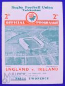 Scarce 1939 England v Ireland Rugby Programme: Standard Twickers 4pp card example from this match,