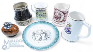 Rugby Ceramics (6): 1900s green/white French china plate with rugby action scene; 1976 Welsh Grand
