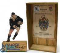 Colin Meads Boxed and Signed Painted Wooden Rugby Figure: Wooden open box with p/copy programme to