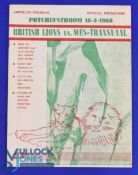 1968 British and I Lions v Western Transvaal Rugby Programme: At Potchefstroom 18/5/68 14pp,