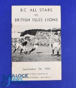 1959 British and I Lions v British Columbia All Stars Rugby Programme: Very rare, slight staple
