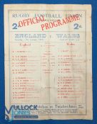 1929 England v Wales Rugby Programme: 4pp with teams to front, quite worn hence guides. Fair