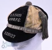 1927 on Percy Park(?) RFC Velvet Rugby Honours Cap: 6-panelled cream and black example with gold