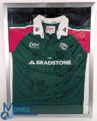 Framed Leicester RFC Squad Signed Jersey: XL Cotton Traders Bradstone sponsored green jersey, signed