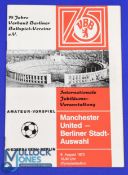 1972 Tour match West Berlin XI v Manchester Utd programme at the Olympic Stadium, Berlin 5 August