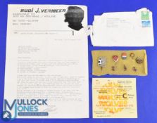 Badges: A letter dated 1980 from Holland enclosing 5 continental club badges circa 1960s Dinamo