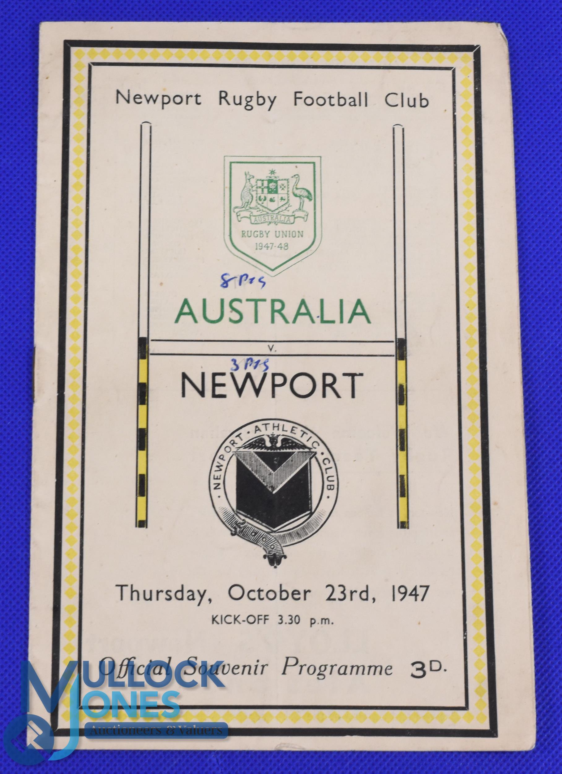 Newport v Australia 1947 Rugby Programme: 8pp example from the Wallabies visit, score to front but