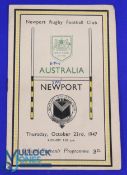 Newport v Australia 1947 Rugby Programme: 8pp example from the Wallabies visit, score to front but