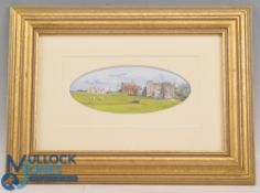 Bill K Waugh original golfing watercolour - titled St Andrews - oval miniature landscape golfing