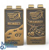 2007, 2008 Senior European PGA Tour Norman Wood Official Issued Money Clips. Named to bottom