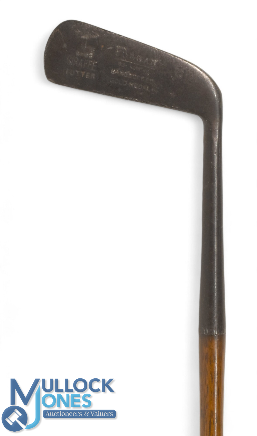 R Forgan giraffe putter showing the green and flag mark, stamped Gold Medal, with 6" hosel fitted