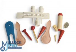 Spring Loaded Sand Tee Mould, together with vintage tees including Andy patent ivorine a reg