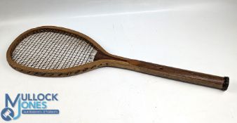 c1890 Feltham Wooden Tennis Racket, with a faint maker's name stamped diagonally to throat, A G