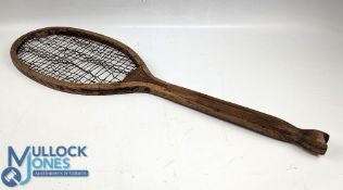 Period The Match Fishtail Wooden Tennis Racket, convex wedge throat, with strings showing signs of
