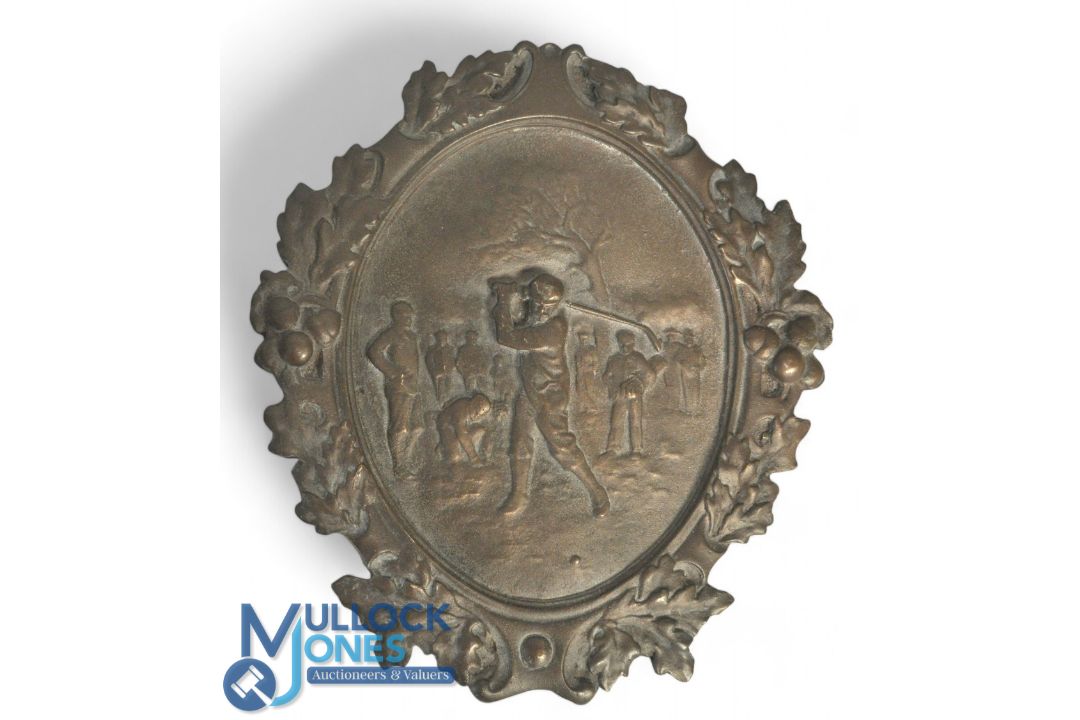 Bronze Golf Plaque: having a relief design of a golfer in full swing to centre with Acorn / Leaf