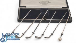 Golf Club Cocktail Sticks: Marked Sterling set of 6, one being the golf ball