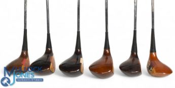 6x Various Persimmon Woods to incl Paul Gibson 5 wood in light stained persimmon, with fancy face