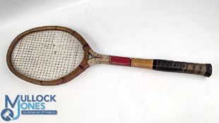 1935 Wood Spalding Top Flite Open Throat Wooden Tennis Racket, in fair condition - wear to strings -