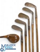 Selection of Hickory clubs (6) featuring a Tom Stewart wide soled niblick for J Hood, flange sol