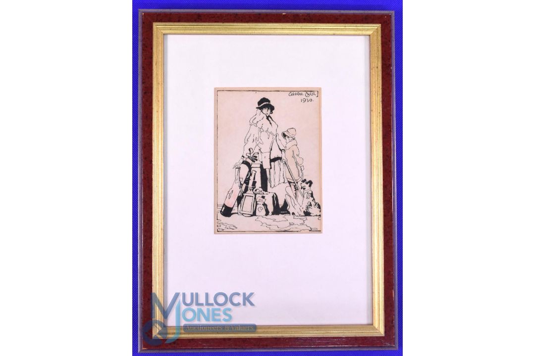 1930 George Carr b&w pen and ink Sketch: the Golfing Holiday 13 x 10cm mounted and framed comes with