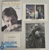 Nick Faldo Autobiography: Life Swings together with black & white press photo, signed card and