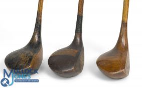 3x Socket neck woods to incl Simpson Gold Medal driver with brass backweight, Frank Bennett