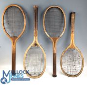4x 1900-1910 Period Wooden Tennis Rackets, all with signs of wear, still display well, with examples