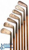 7x Various irons to incl R Forgan St Andrews crown model cleek, Mitre brand Cardinal jigger, Sammy