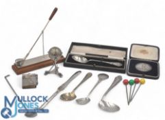 Selection of Golf Silverplated Items: To consist of Golf ball salt pot, Miniature Wood golf club and