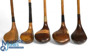 5x Assorted Woods - incl golden persimmon scare neck brassie stamped R Collins Redcar, large head