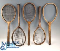 5x early and period Wooden Small Junior/Ladies Wooden Tennis Rackets, in used condition some in need