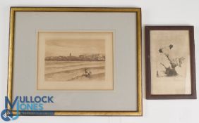 2x Golfing engraved pencil sketch prints - title 'St Andrew from The Links' by Cathy Dolson London
